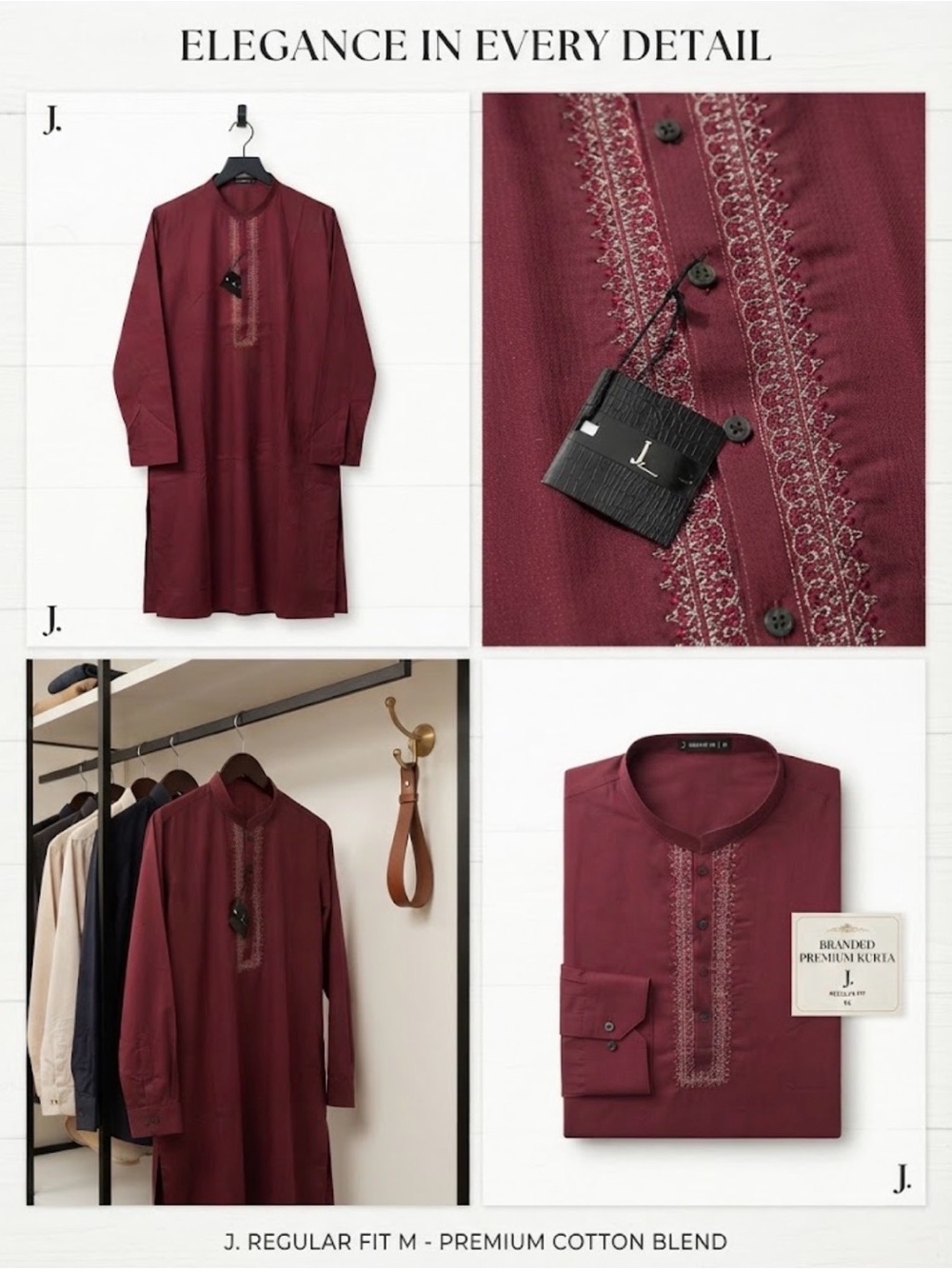 Pakistani Junaid Jamshed Men's Embroidered Maroon Kurta Shirt in M Regular Fit